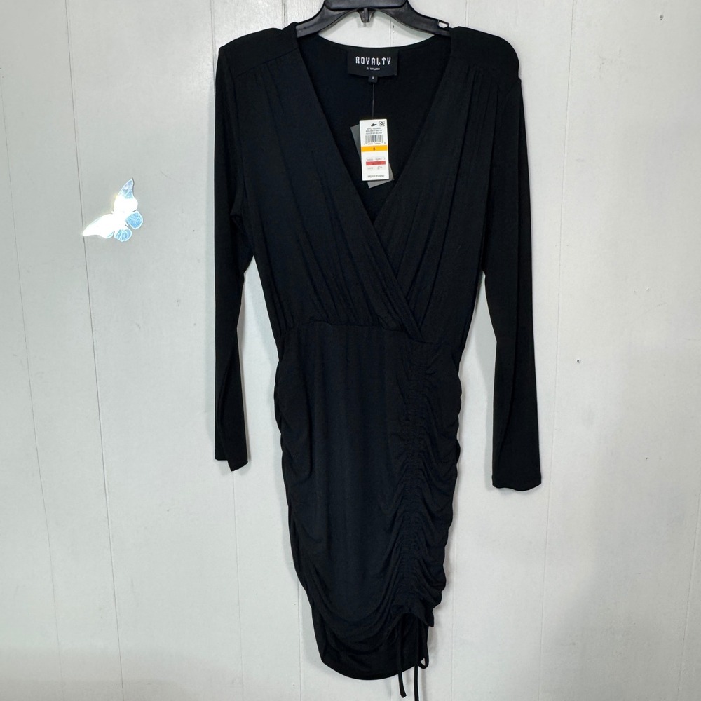 Royalty by Maluma Black Long‎ Sleeve V Neck Ruched Bodycon Mini Dress Size Small